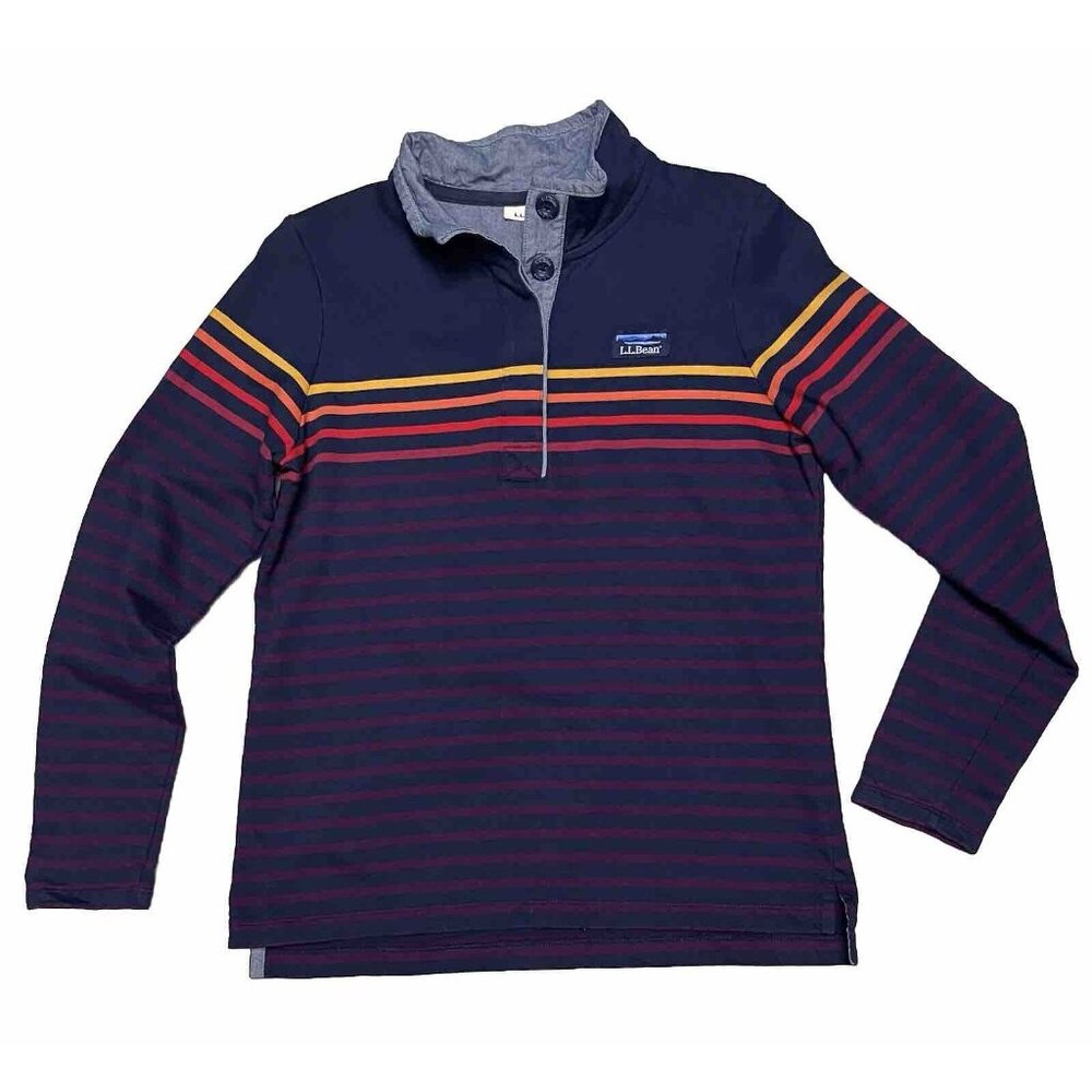 LL Bean Pullover Striped Blue Sweater Long Sleeve Button Up Men’s Small